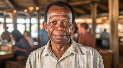Obraz premium Mature adult man, South America South American, dark skin color, friendly sympathetic smile, in a restaurant or on a veranda