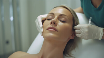 Fototapeta premium spa and wellness or lip injections or botox or beauty clinic, a syringe with a small needle, caucasian woman