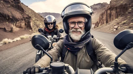 Poster Im Rahmen An older man and his adult daughter ride a motorcycle and tricycle up the mountain in a mountain range, trip and ride, fulfilling a lifelong dream © wetzkaz