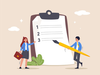 Project goal concept. Writing business steps, procedure or development progress on clipboard, plan or solution checklist, challenge or achievement list, businessman writing procedure step clipboard.