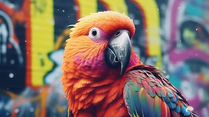 Poster A vibrant parrot posing in front of a colorful graffiti wall © cac_tus
