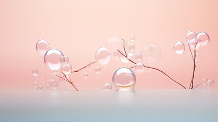  a group of bubbles floating on top of a table next to a plant.  generative ai