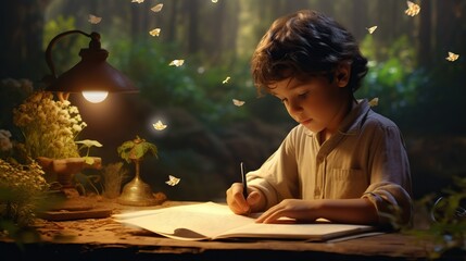 Little boy write paper on desk, creative miracle theme - obrazy, fototapety, plakaty