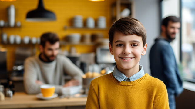 A Child Or Teenager Boy, Wearing Yellow Round Collar Sweater, Blue Shirt, In A Cafe Or Kitchen At Home, Two Adult Men In The Background Or School Same-sex Couple, Two Dads