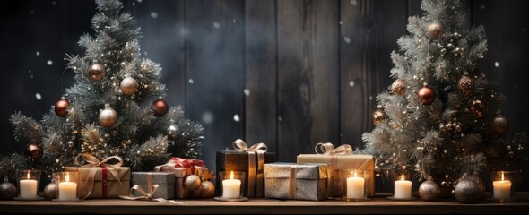 Christmas, New Year interior with red brick wall background, decorated fir tree with garlands and balls, dark drawer.