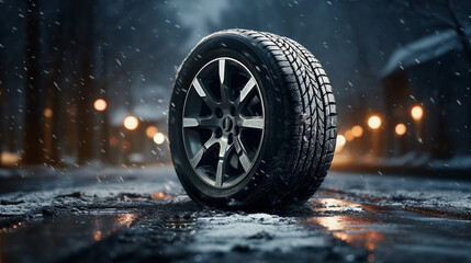 Car tire in a road covered with snow with blured street lamps on background