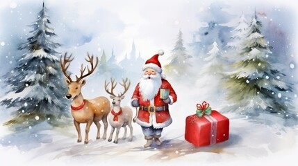 Merry Christmas, Santa claus with reindeer in snow land, cartoon illustration