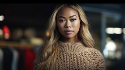 Obraz premium young adult attractive slim woman with blonde dyed hair, wearing winter sweater knitted sweater