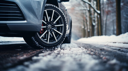 Car tires on winter snowy road covered with snow, low angle side view - Powered by Adobe
