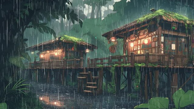 Jungle, afternoon, bamboo house,  tropical plants, rain, water puddle, anime animation
