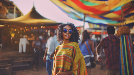 young adult woman, wearing poncho and sunglasses, everyday life, sandy beach, tropical, local market with small restaurants