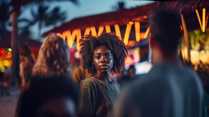 Fototapeta premium young adult woman, proud or waiting or looking for someone, in nightlife with many people or night market