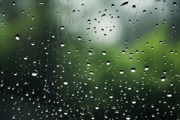 Shiny raindrops splashes falling cascading down wet glossy foggy glass window car outdoor during rainy stormy day backdrop. Close-up processes motion of beautiful clear fresh water background texture