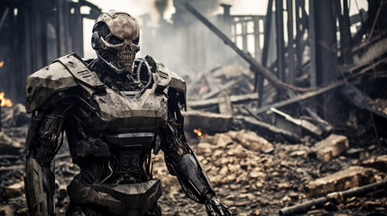 a machine stands in front of the ruins of buildings, human metal skeleton, metal teeth, humanoid android with artificial intelligence