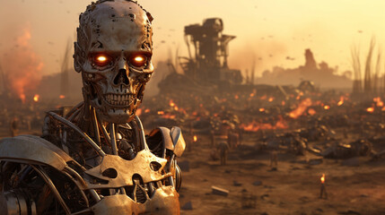 A scary robot with artificial intelligence, damaged metal skeleton, people standing in front of the burning ruins of a big city