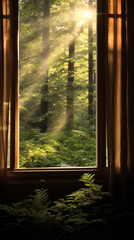 Sunlight streaming through a window into a lush forest