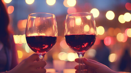 two friends, women drinking red wine in glasses together at dinner at early evening, late afternoon