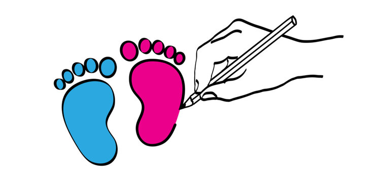 New born, pregnant or coming soon footprints shoes and shoe sole. Kids or baby feet and foot steps Fun vector footsteps icon for print. Love heart blue boy or pink girl sign