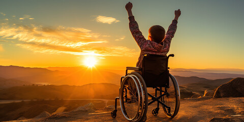 Back view of boy with raised hands up sitting on a wheelchair and enjoying sunset with mountains in the background.