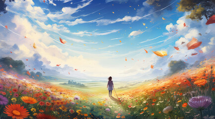 a girl is walking through a field of colorful flowers and butterflies