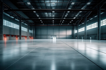 Storage Warehouse or industrial building. Modern interior design with polished concrete floor and empty space for product display, industry background