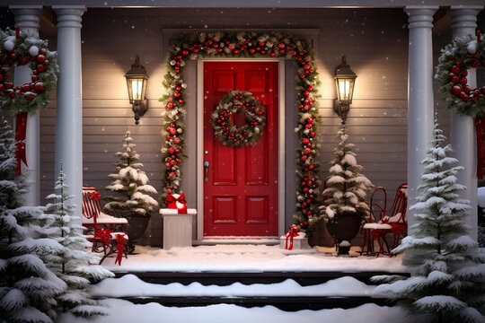House door Christmas decoration, falling snow