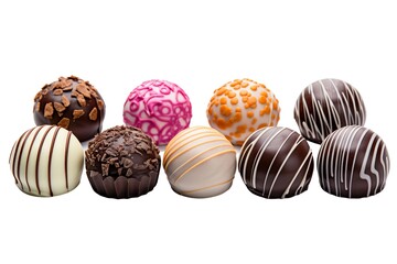 Colorful assortment of artisanal chocolates. Isolated white background