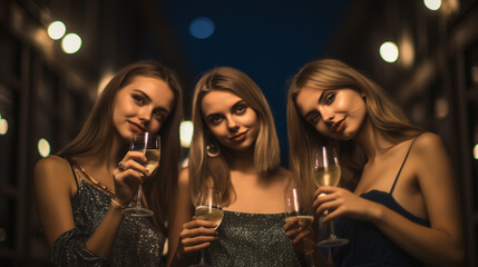 three young adult women or teenagers, holding champagne glasses and are outside in side street