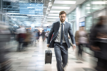 Handsome businessman rushing in airport to catch a flight with blurry people around him.