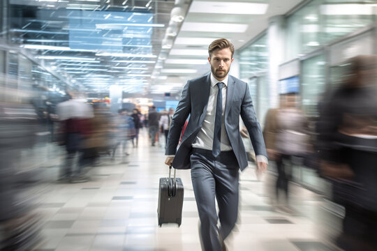 Handsome businessman rushing in airport to catch a flight with blurry people around him.
