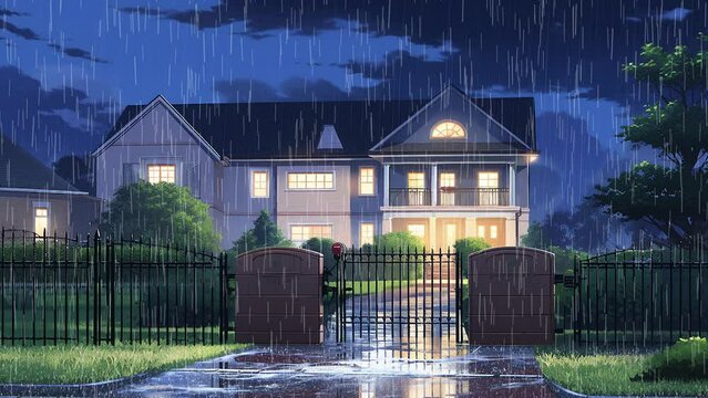 Suburbs, night, two-story house , rain, water puddle, anime loop animation
