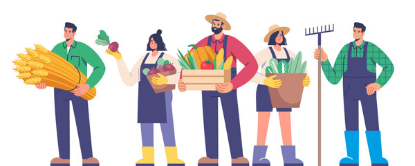 Farming and agriculture, harvesting. Characters dressed In work clothes with fresh vegetables, wheat. Agriculture farm workers. Vector illustration for mobile and web graphics.
