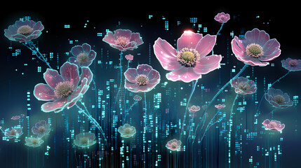 Binary Blooms: Illustration of a garden of binary code flowers in various stages of blooming, signifying the evolving cybersecurity measures and their progress in safeguarding digital assets - obrazy, fototapety, plakaty