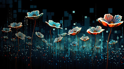 Binary Blooms: Illustration of a garden of binary code flowers in various stages of blooming, signifying the evolving cybersecurity measures and their progress in safeguarding digital assets - obrazy, fototapety, plakaty