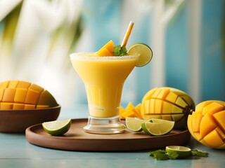 Food photography of mango daiquiri recipe on the white table, blurred background