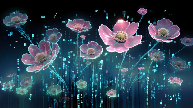 Binary Blooms: Illustration of a garden of binary code flowers in various stages of blooming, signifying the evolving cybersecurity measures and their progress in safeguarding digital assets