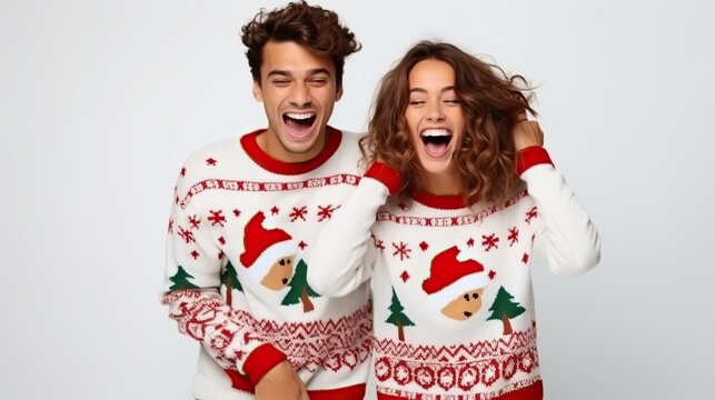 Couple wear pullover, happy christmas moment