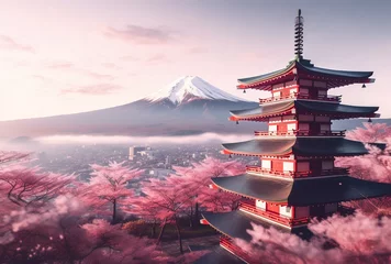 Fototapete Fuji Red chureito pagoda with cherry blossom and Fujiyama mountain, Generative AI