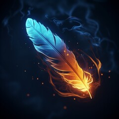 The feather flies in the wind and blazes with a blue flame exuding mysterious energy. High quality illustration