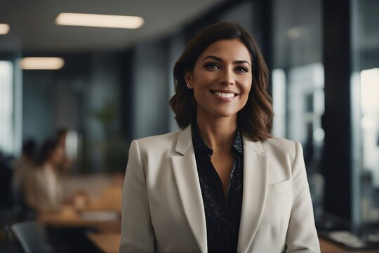 A portrait of a beautiful adult smiling Latino-American businesswoman boss in a suit 