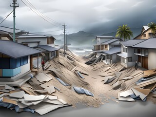 3d illustration of the city of the earthquake, tsunami attack city - obrazy, fototapety, plakaty