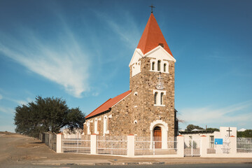 Fototapeta na wymiar The historic New Apostolic Church in Keetmanshoop, the capital of Namibia's Karas Region.