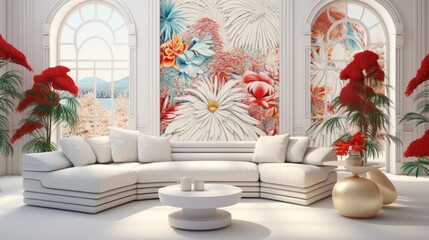 A living room with a white couch and red flowers