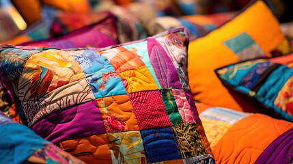 Fototapeta na wymiar Brightlly and Colorful Pile of Pillows Made From Recycled Patchwork