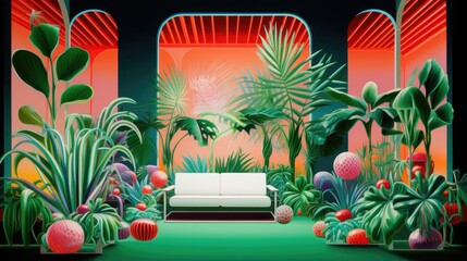 A painting of a room with plants and a couch