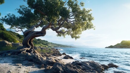 A tree on a rocky beach next to the ocean