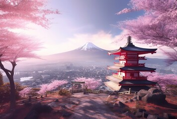 Red chureito pagoda with cherry blossom and Fujiyama mountain, Generative AI - obrazy, fototapety, plakaty