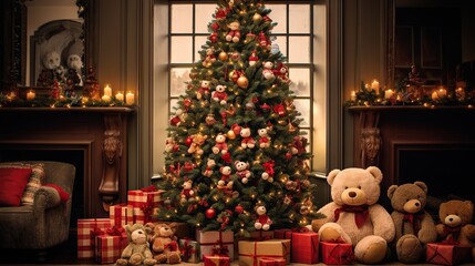  a christmas tree with presents and teddy bears in front of it.  generative ai