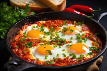 Shakshuka with tomatoes and green onions in a frying pan