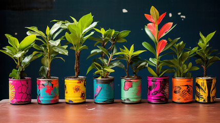 Pot Plant Made from Recycled Can Decorated Colorful and Unique  - obrazy, fototapety, plakaty